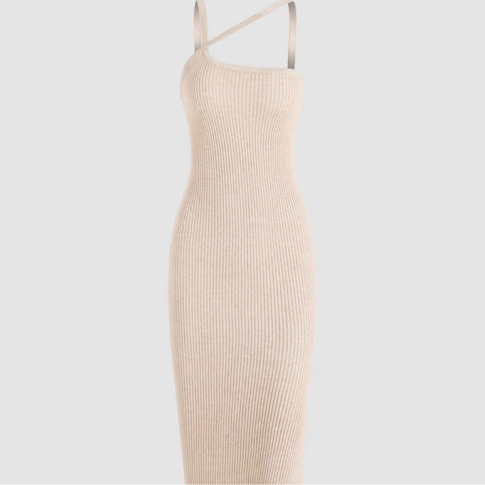 Cider Ribbed Knit One Shoulder‎ Bodycon Midi Sweater Dress Size Medium Beige